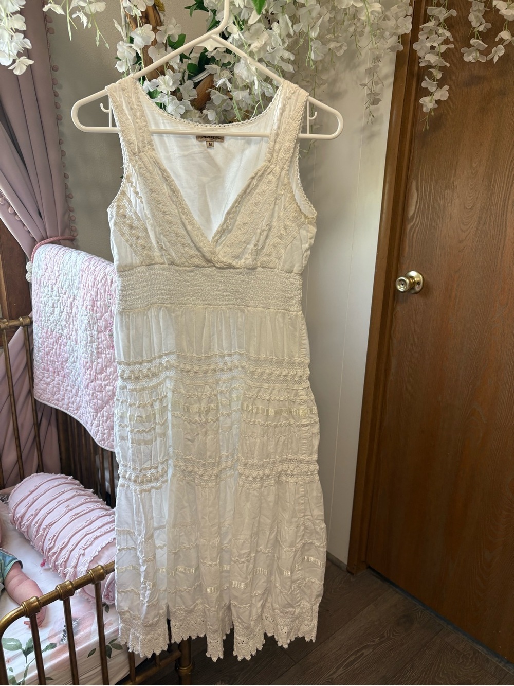 Vintage White Lace V-Neck Tiered Midi Dress 100% Cotton